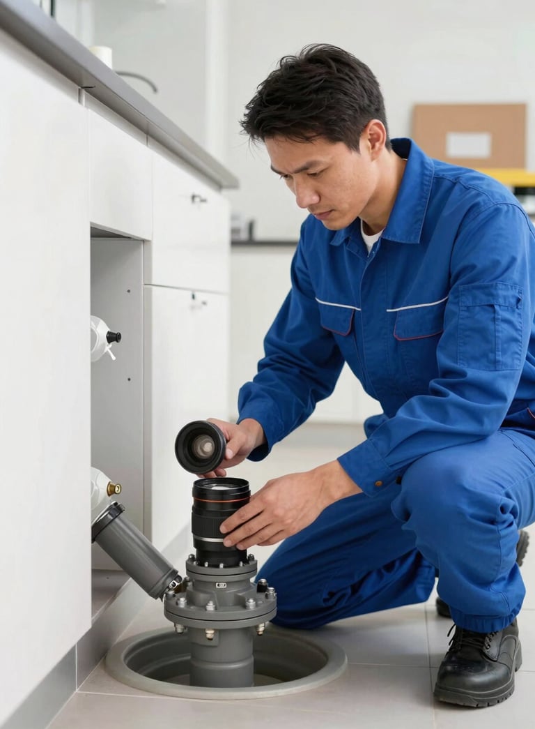 A professional service technician in a medium blue uniform inspecting a residential drainage system, Central European residential environment, bright and clean photography.