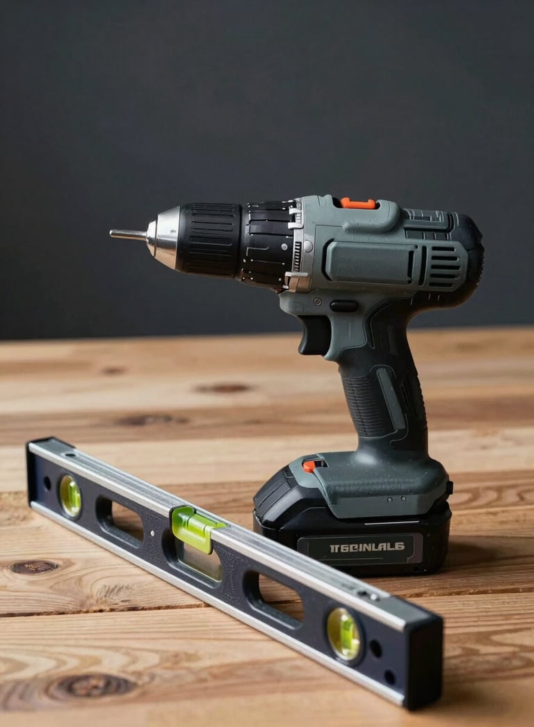 Still life photography of a professional tool kit including a cordless drill and level on a clean wooden surface, dark charcoal and cool grey tones, professional studio lighting.