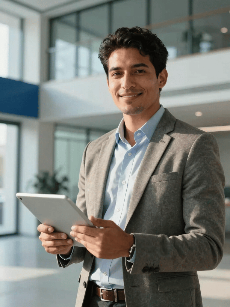 A portrait of a confident South American professional holding a tablet in a high-tech office lobby. Soft sunlight illuminates the space. The background features glass walls and steel blue architectural details. The person is dressed in modern business casual attire, smiling at the camera, exuding trustworthiness and success.