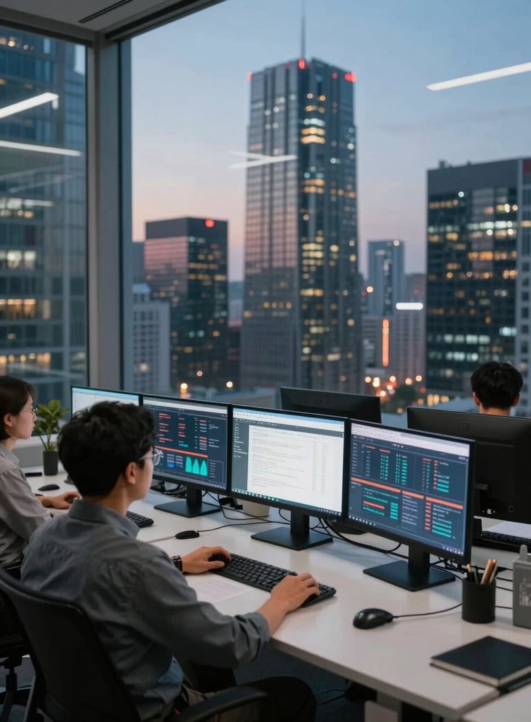 Photography of a high-rise city office at twilight, showing a sleek workstation with multiple monitors displaying marketing data, professional atmosphere, Global / English-speaking audience.