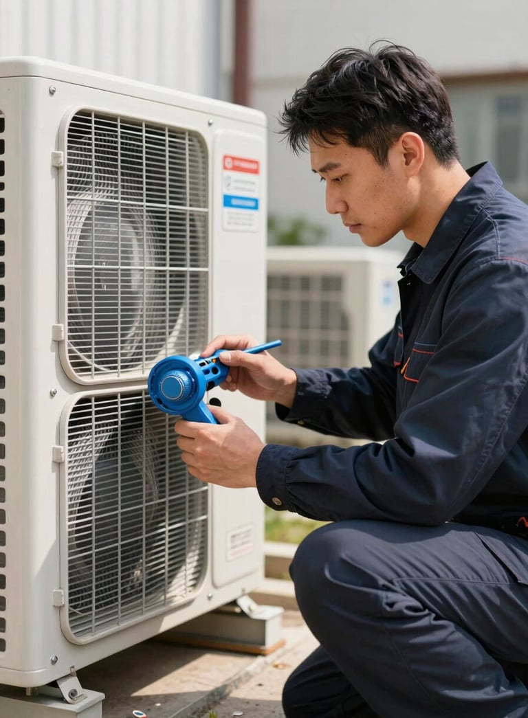 A professional HVAC technician wearing a dark navy uniform inspecting a modern outdoor condenser unit, bright daylight, steel blue tools visible, high-end commercial photography.
