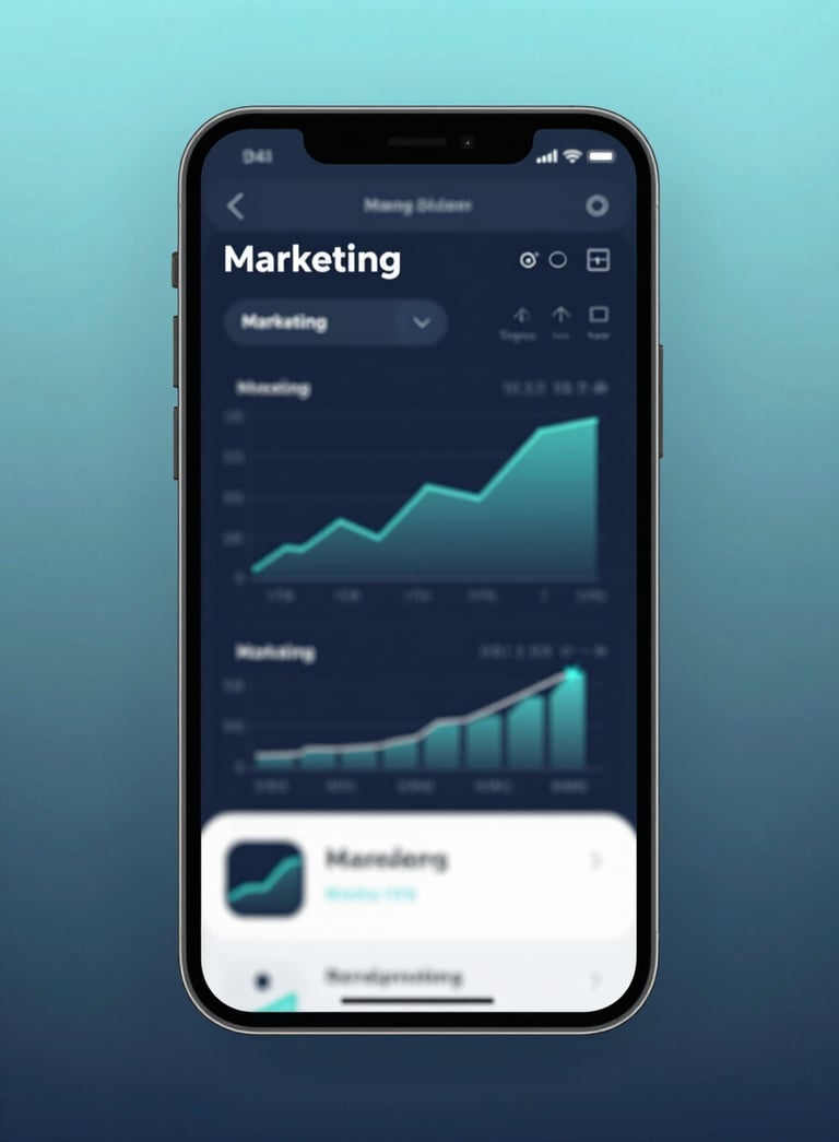 A sleek, cutting-edge dashboard displaying real-time marketing analytics and growth charts on a mobile device, set against a professional background with subtle #8DAABF highlights.