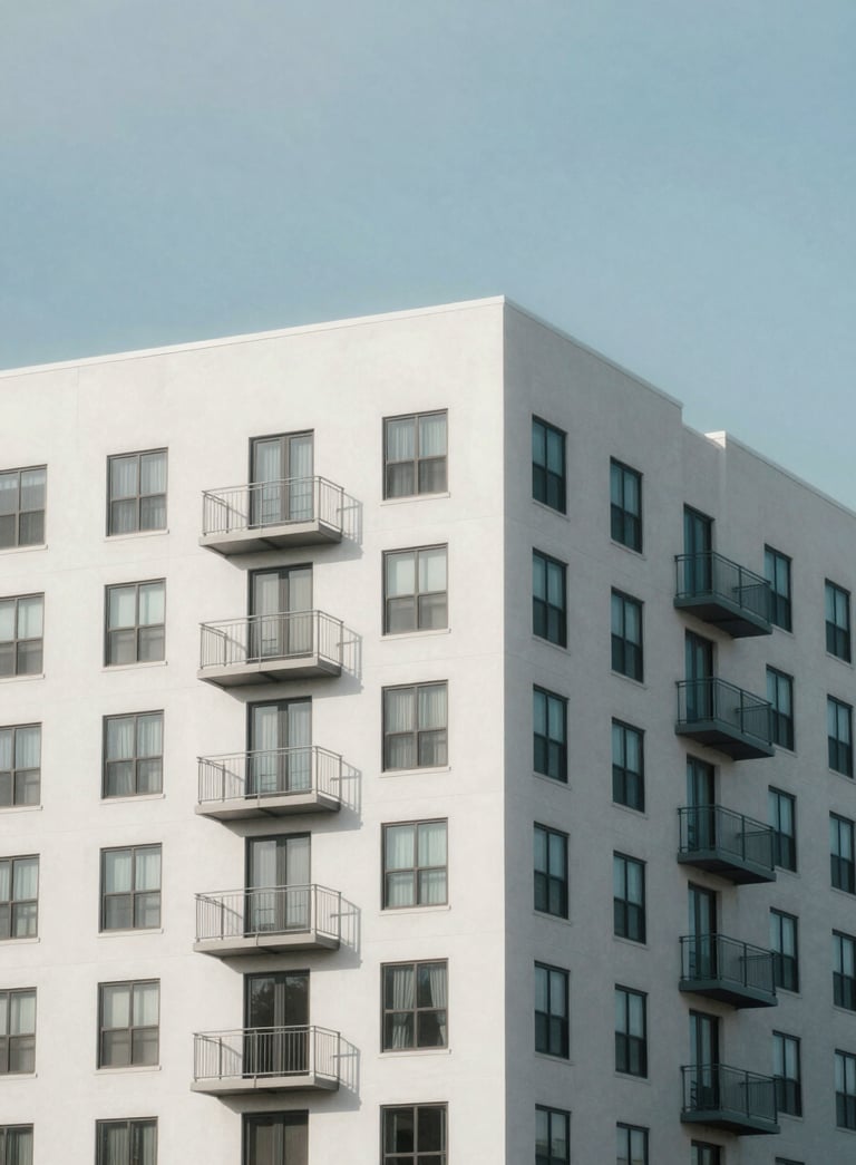A professional wide-angle photograph of a modern multifamily apartment building in Central Florida. The architecture is clean arctic white against a clear soft misty blue sky. The composition emphasizes security and order.