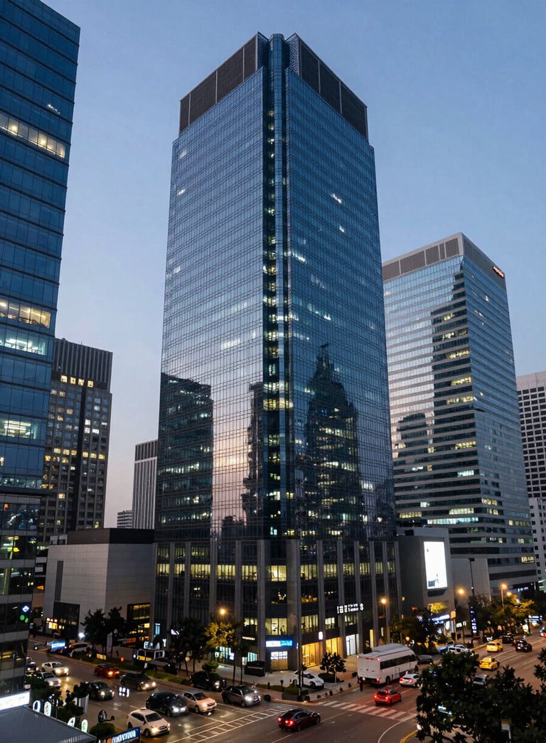 A wide-angle professional shot of a bustling, modern South Asian business district at dusk, with polished glass buildings reflecting light blue and navy tones, signifying a comprehensive corporate presence.