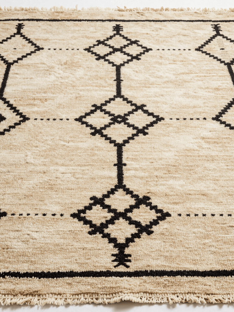 Close-up of a soft, cream-colored Beni Ourain rug with bold charcoal geometric patterns, laid out in a sunlit living room.
