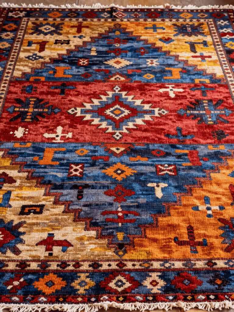 A terracotta-hued Azilal rug with intricate tribal motifs displayed on a minimalist wooden floor.