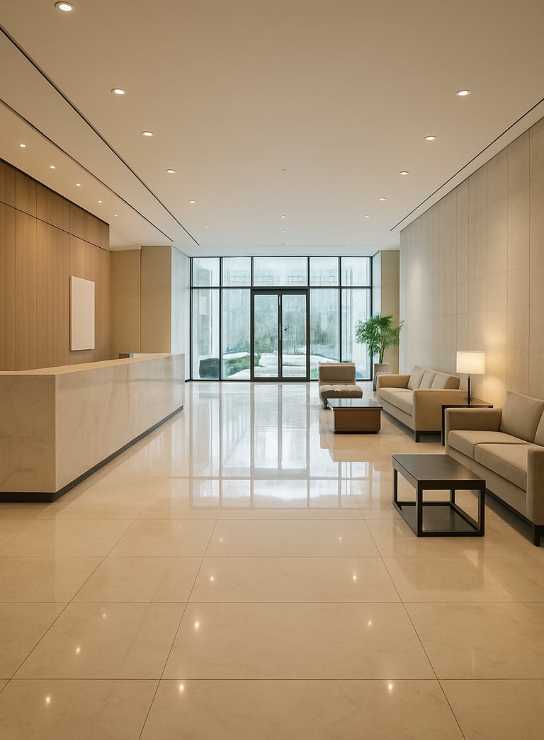 A wide-angle professional photograph of a bright, modern hotel lobby with polished marble floors and minimalist furniture. The lighting is soft and natural, emphasizing clean lines and an atmosphere of trust. Global / Corporate.