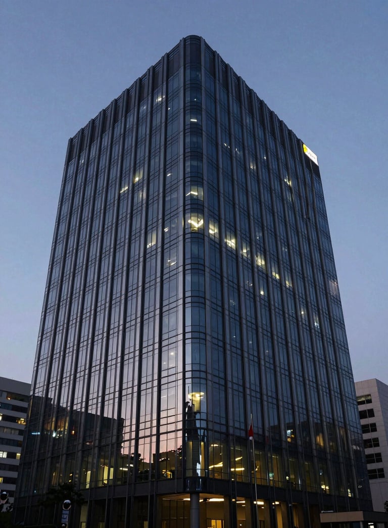 A sleek, modern corporate office building facade in Bangalore at dusk, with lights reflecting dark navy and slate blue tones, exuding professionalism.
