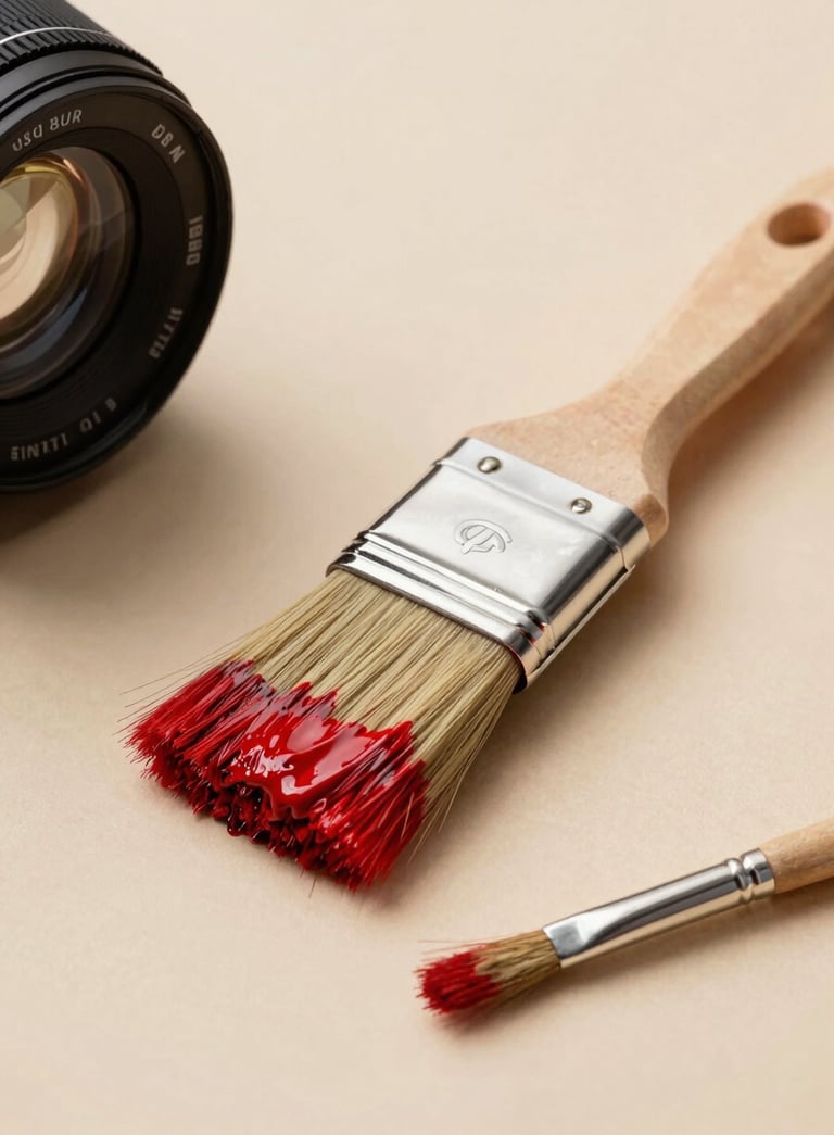 An artistic commercial photography shot of high-quality painting tools, including a professional brush with bloody red paint on its bristles, resting on a clean beige surface. The composition is minimalist and professional, reflecting the precision and quality of a high-end painting service in the US.