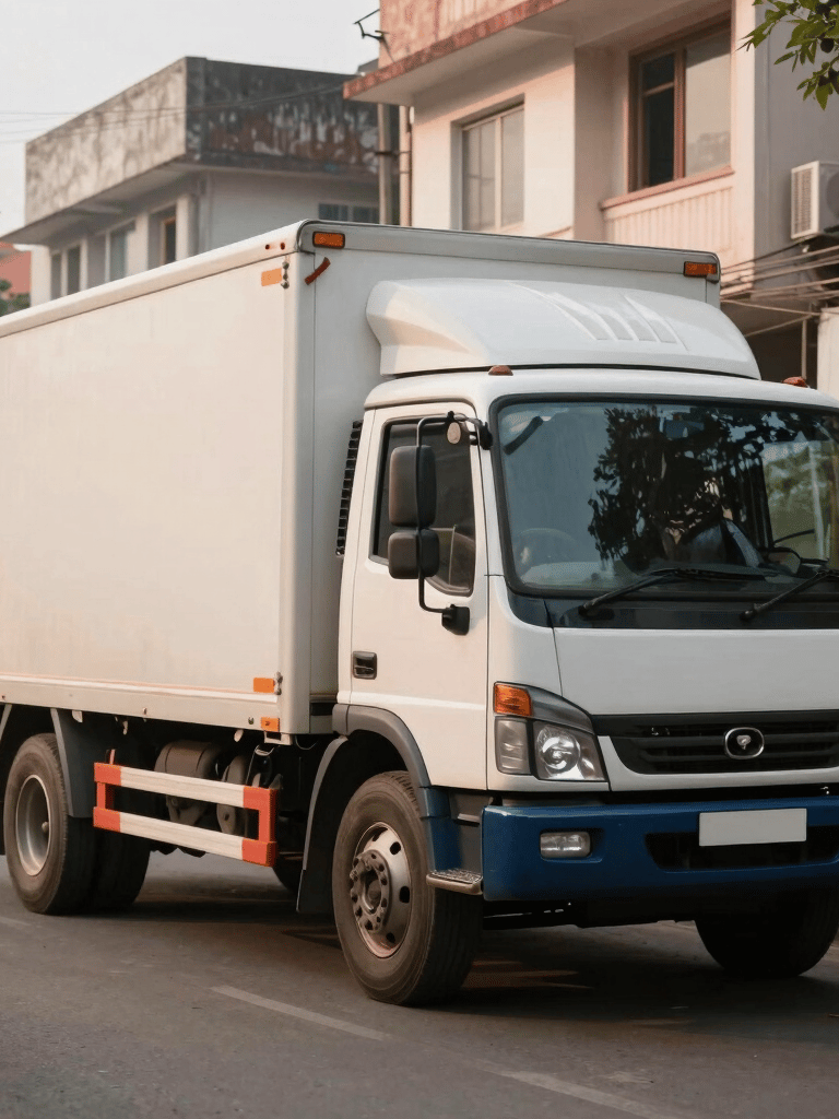 Photography of a professional transport truck with a clean off-white and dark blue exterior, parked in a residential South Asian street in New Delhi, soft morning lighting, high reliability feel.