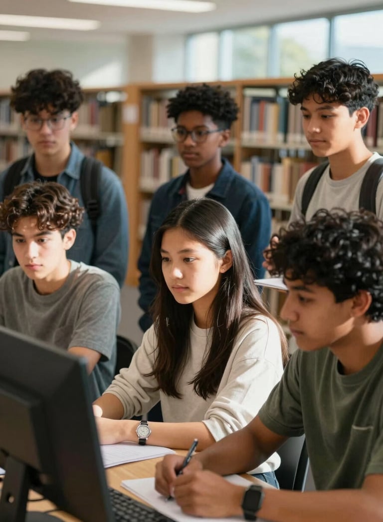 A candid, high-quality photograph of a diverse group of North American / US teenagers engaged in a collaborative educational project in a modern library. Soft, natural sunlight highlights their expressions of focus and optimism.