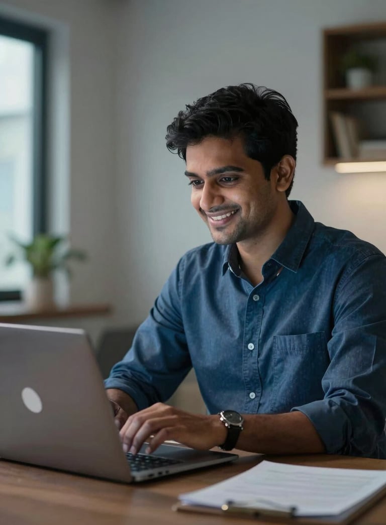 A focused South Asian / Indian entrepreneur in a modern, professional home office looking at a laptop screen with a satisfied expression, cinematic lighting with Sky Blue highlights.