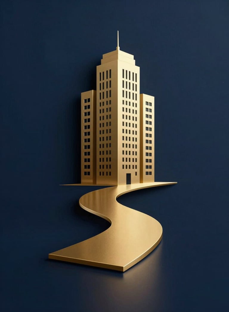 A sophisticated logo-style image of a gold stylized path leading towards a modern high-rise building silhouette, set against a dark navy blue background, reflecting professional real estate consultancy.