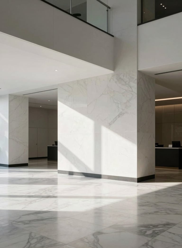 A minimalist North American corporate lobby with strong geometric lines, white marble floors, and soft shadows, conveying a premium and authoritative enterprise atmosphere.