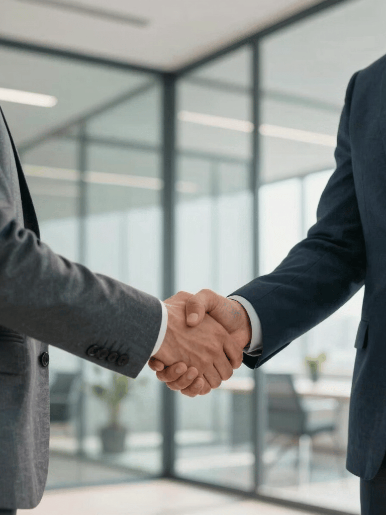 A professional close-up of two business partners in Central European / Slovak smart-casual attire shaking hands in a bright, modern glass-walled office, steel blue and off-white tones, soft natural light.