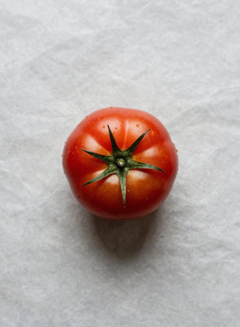 Top-down professional photography of a single, perfectly ripe heirloom tomato on a Crisp Parchment background, minimalist and high-contrast editorial style.