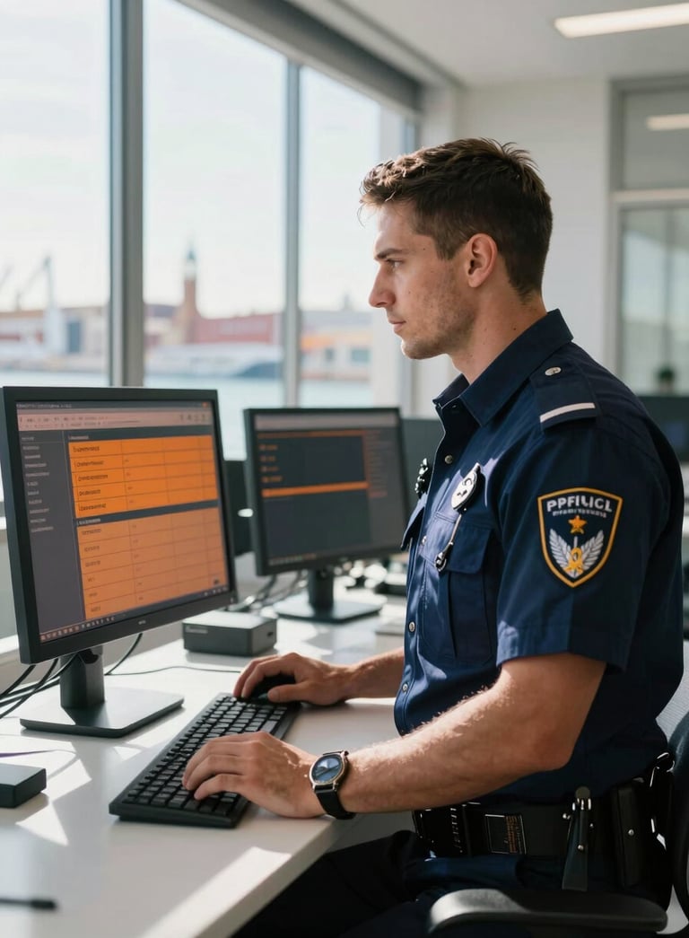 A professional customs agent in a modern European / Spanish port office, wearing a professional uniform, looking at a digital logistics dashboard with orange accents. Sunlight streaming through large windows, clean and professional atmosphere.