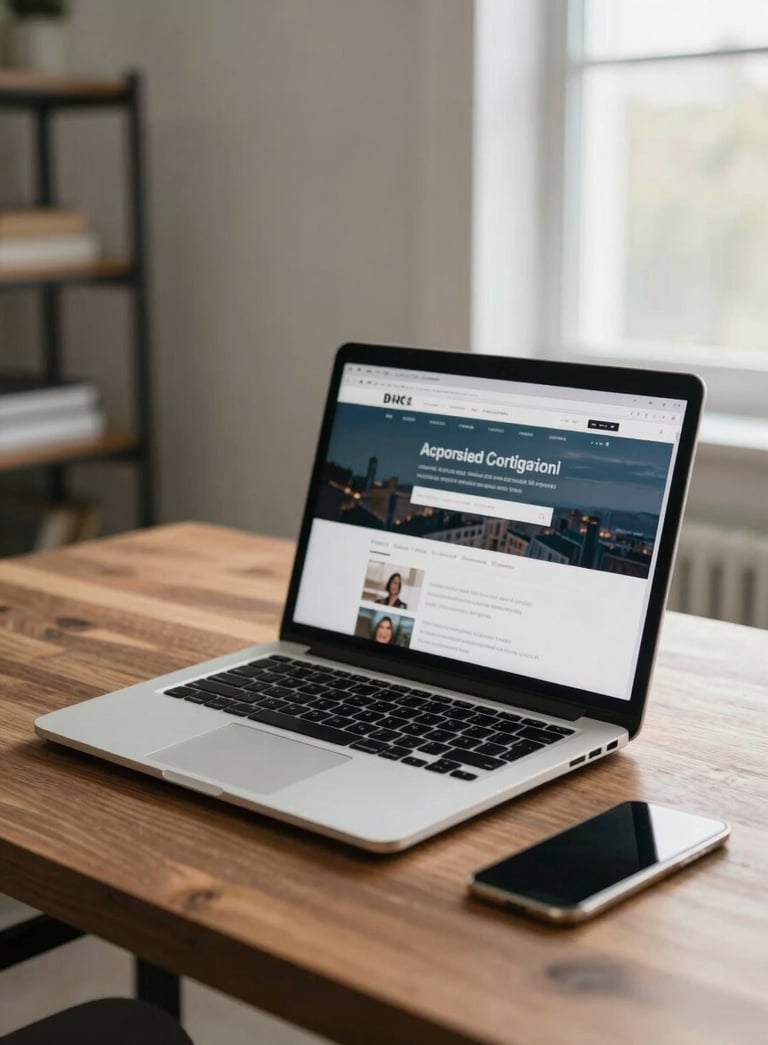A clean, modern North American / US home office setting. A high-end laptop is open on a polished wooden desk showing a blurred web interface. Soft natural lighting from a nearby window creates a trustworthy, professional atmosphere.