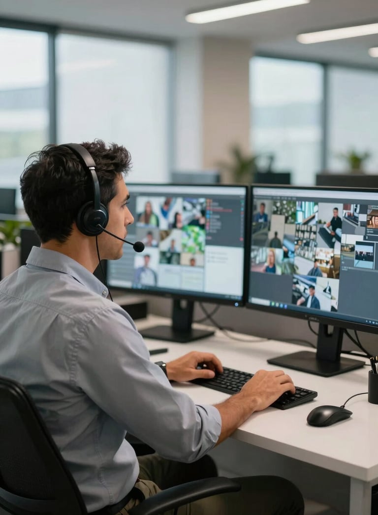 A professional South American Brazilian remote concierge operator wearing a headset, sitting at a modern workstation with multiple monitors showing security feeds, soft natural office lighting, clean and professional environment.
