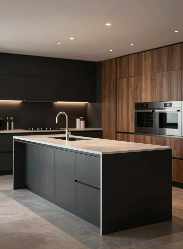 A luxurious modern kitchen with a large island. The design incorporates dark tones (#262626) with warm wooden accents (#A38B7C). Sleek lines, minimalist hardware, and professional lighting create a sophisticated and trustworthy aura, showcasing premium custom cabinetry.