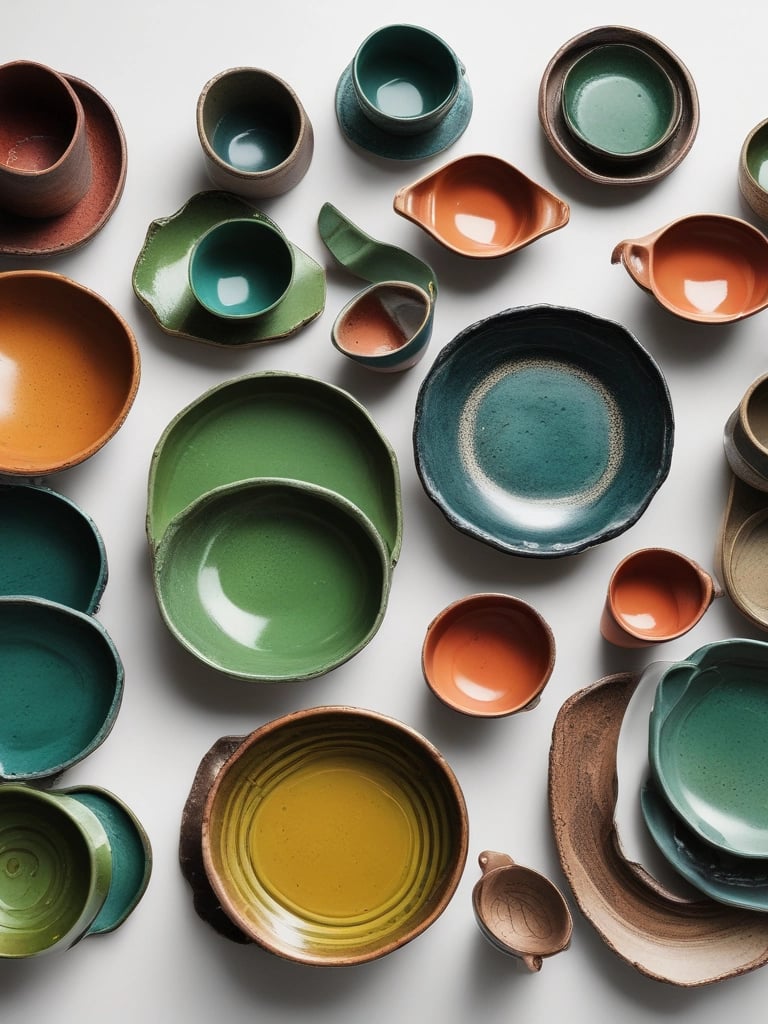 Close-up of vibrant rattan baskets and colorful pottery typical of bohemian decor styles.
