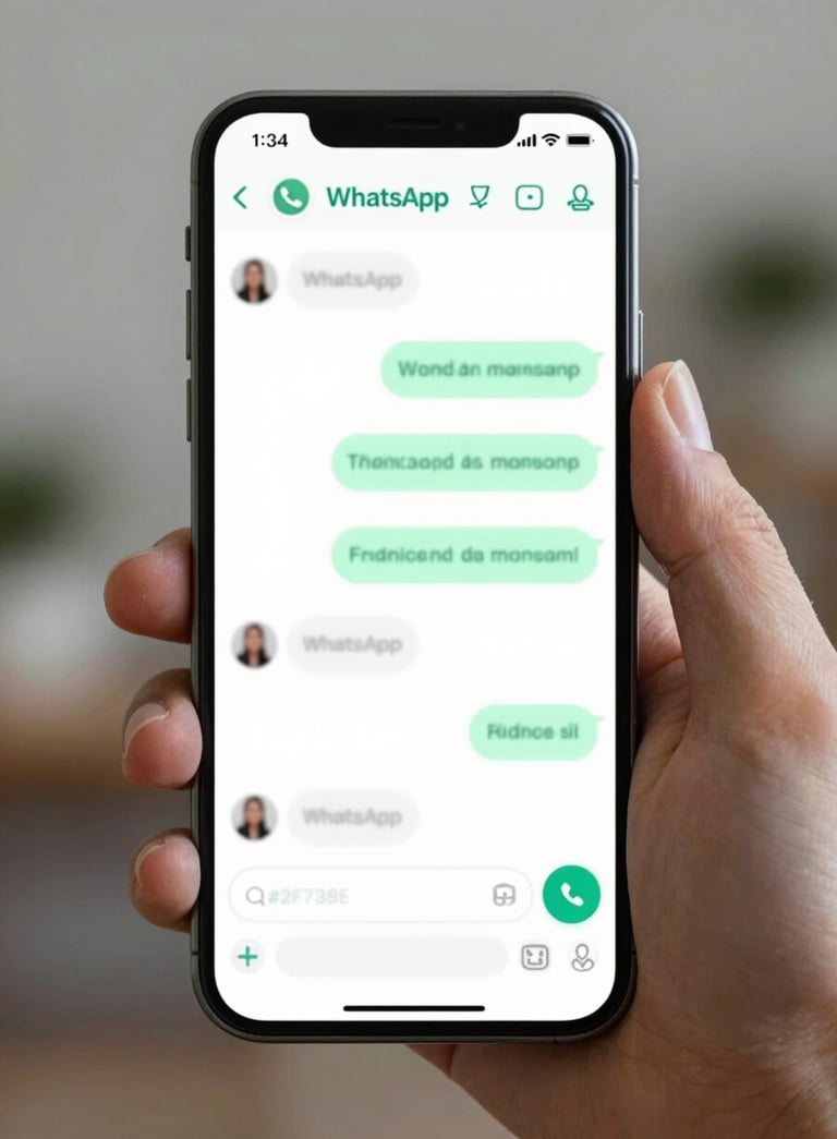 A modern smartphone showcasing a clean WhatsApp chat interface with professional order confirmations, bright and intuitive design, soft lighting, incorporating the #2F738E brand color in the interface elements.