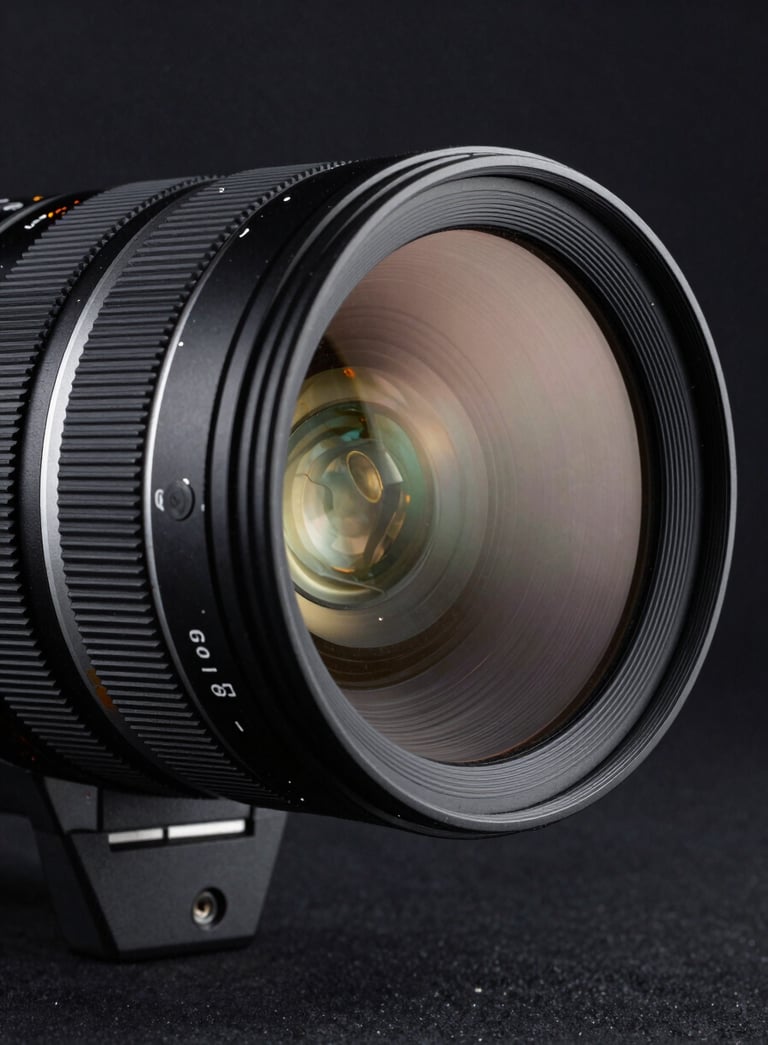 An artistic shot of a high-end anamorphic camera lens reflecting the lights of a sophisticated European studio. The lighting is dramatic and dark navy, emphasizing the precision engineering and glass quality.