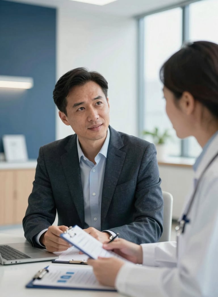 A professional revenue consultant in a sharp suit discussing healthcare analytics with a doctor in a bright, modern North American / US hospital office. The background features accents of dark navy blue and pearl white with soft, professional lighting.