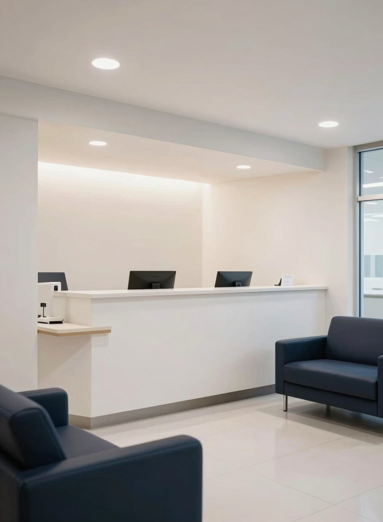 A bright, modern North American / US medical reception area with clean lines, featuring soft off-white walls and dark navy furniture, wide angle, professional lighting.