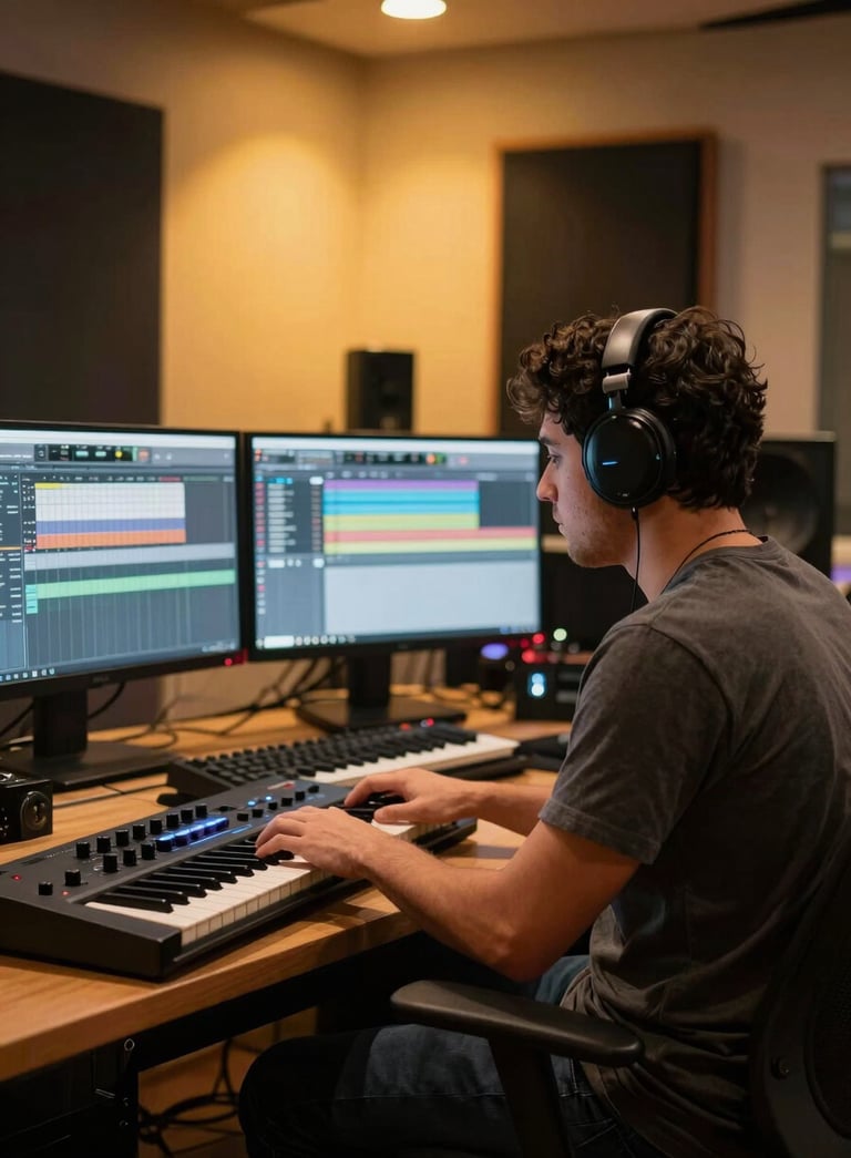A professional music composer sitting in a high-tech Latin American studio, focused on a MIDI keyboard with large monitors showing a digital audio workstation. The lighting is warm amber yellow and sunset orange, creating a sophisticated and professional atmosphere.