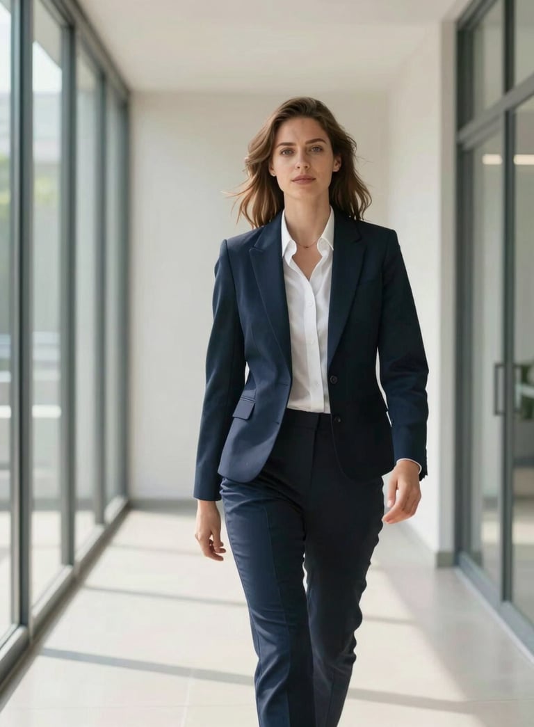 A confident professional in European business attire walking through a bright, minimalist glass hallway, natural light, empowering and professional tone, soft navy blue accents.