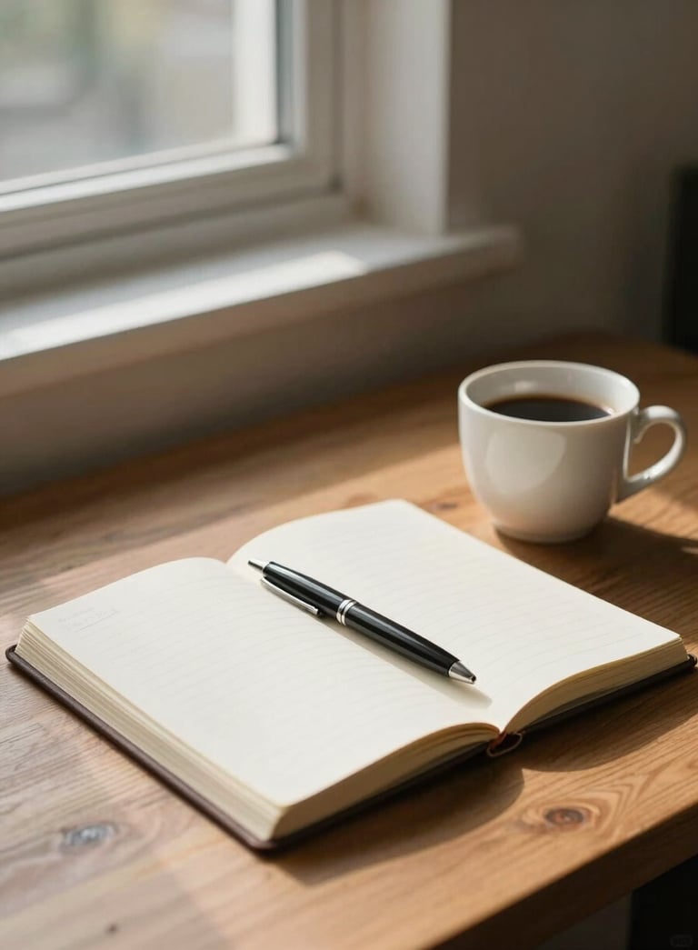 Wide shot of an ordered wooden desk near a window, morning light falling softly across an open notebook and a white ceramic coffee cup, a pen resting on the page, calm and still