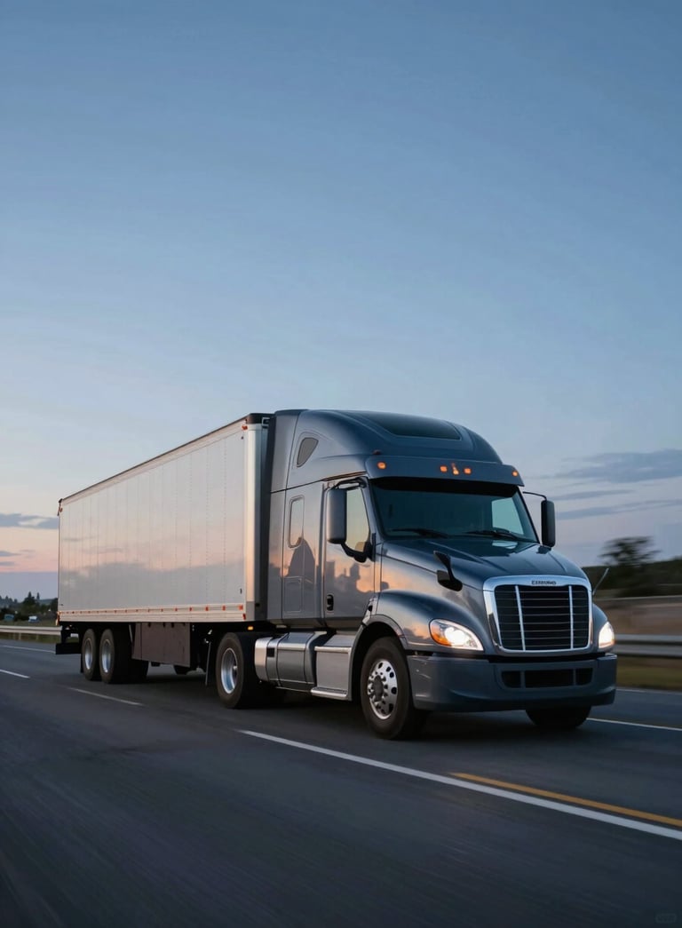 A sleek, modern semi-truck moving swiftly on an open American highway during the blue hour, cinematic lighting, sharp focus on the truck with a slight motion blur in the background, professional and reliable vibe using #0F1C36 tones.