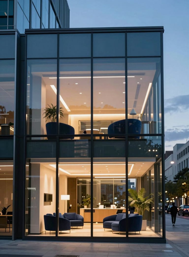 Cinematic photography of a modern glass-walled office in a Western European city during the blue hour. The interior is lit with warm, sophisticated lights reflecting off navy blue furniture and steel blue decor, creating an innovative and professional atmosphere.