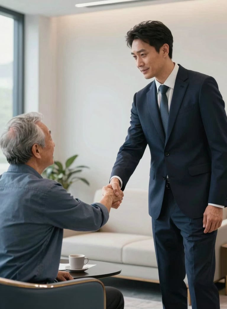 A medium shot of a professional consultant in a Dark Navy Blue suit shaking hands with an elderly client in a modern office with Steel Blue and Soft Off-white furniture.