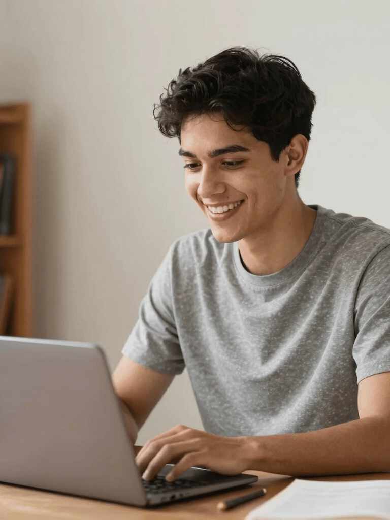 A bright, motivating photography of a young adult smiling while studying at a laptop in a cozy home office. Latin American / General Spanish-speaking context. The composition is clean with a blurred background showing bookshelves and Off-white walls.