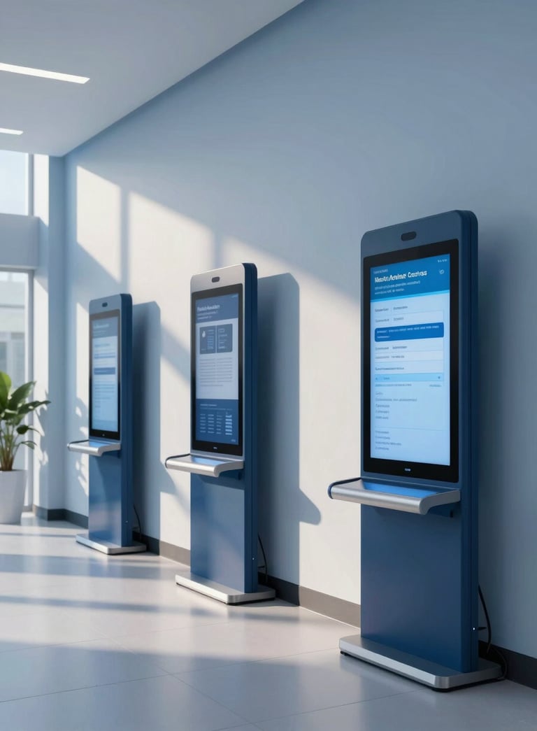 A clean, modern North American healthcare facility lobby with soft morning light, featuring sleek digital touchscreens and minimalist architecture in shades of alice blue and deep blue.