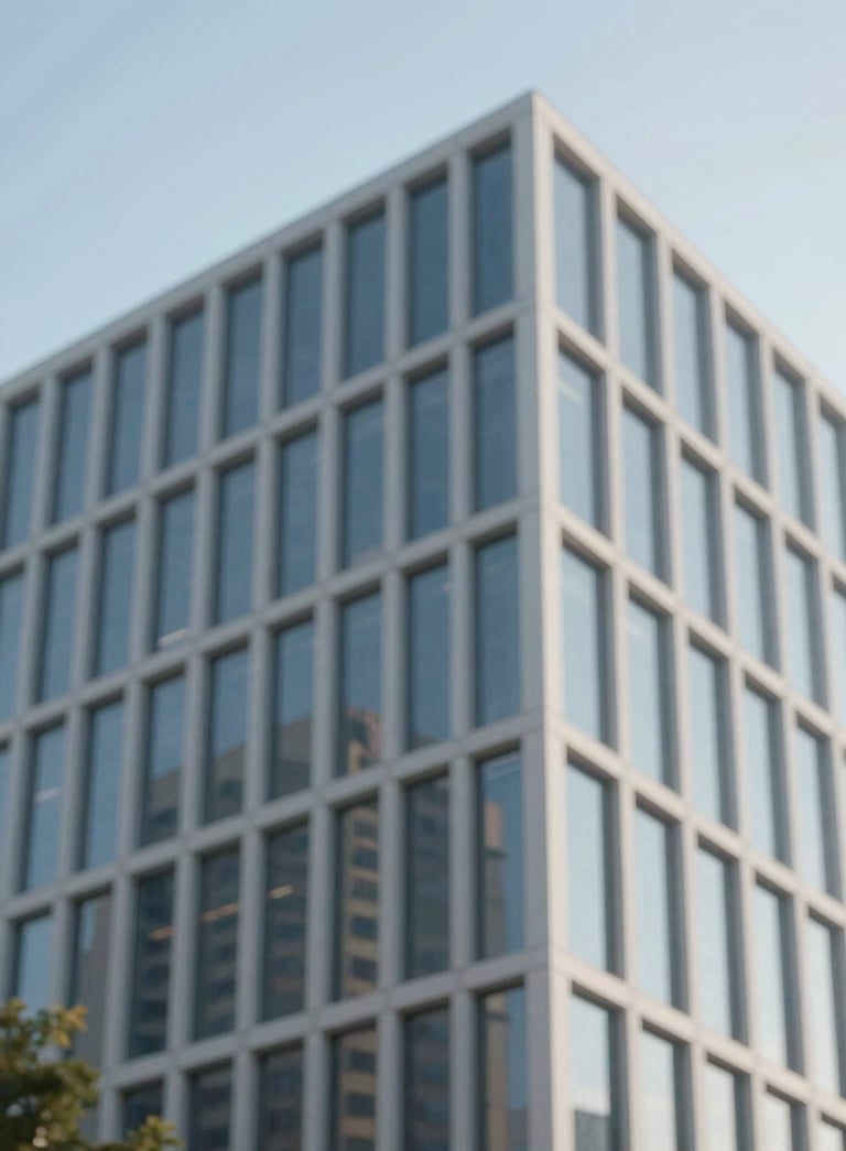 Sophisticated view of a modern building facade with clean lines and glass reflections, under a clear sky, echoing the professionalism of Martins Cedro.