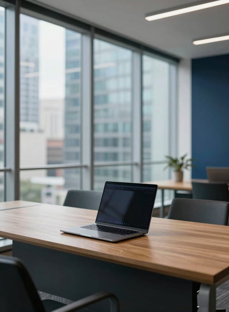 A professional and modern North American office interior with expansive glass windows and a minimalist wooden desk holding a high-end laptop, bathed in natural light with soft steel blue and deep navy accents in the decor.