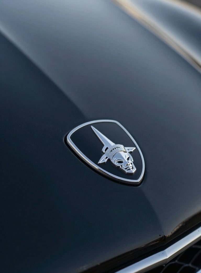 Close-up of a premium car emblem on a clean dark navy hood, with soft lighting reflecting a sense of luxury and meticulous care.