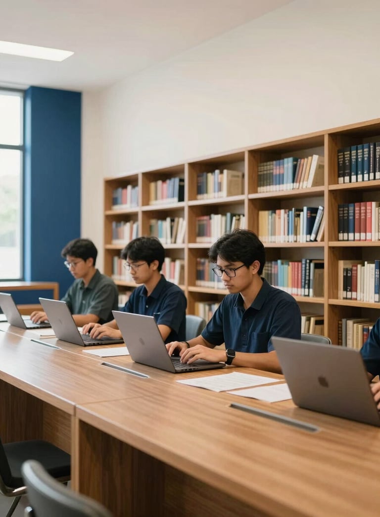 A clean and professional library setting in Indonesia, featuring minimalist wooden shelves and academics working on laptops, bright natural light, Soft Mint Cream walls with Navy Blue accents, photography style.