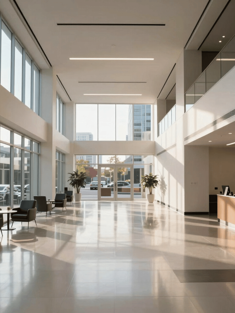 A wide angle interior shot of a pristine, brightly lit North American office lobby in Long Island City with high ceilings and polished floors reflecting the afternoon sun.