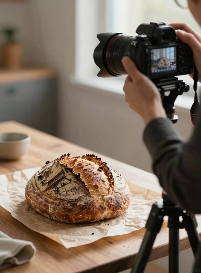 A professional content creator using a camera on a tripod to photograph a rustic sourdough loaf on a crisp parchment surface with soft morning light.