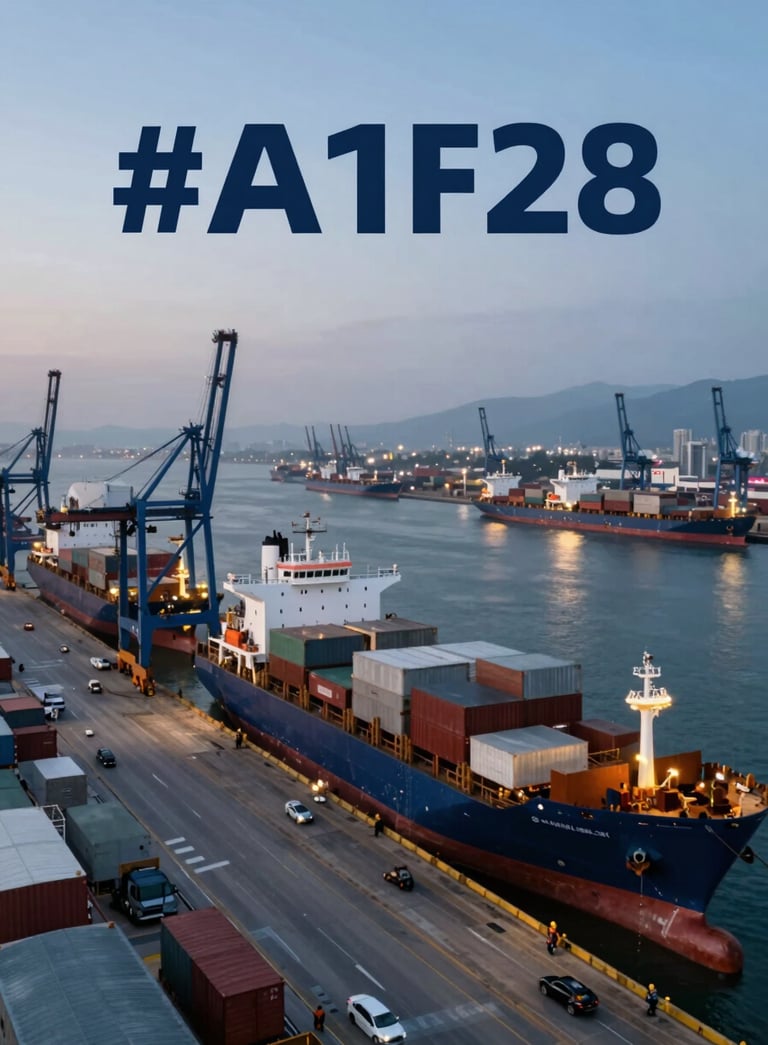 Aerial view of a busy Chilean shipping port at dusk, featuring cargo ships and cranes, with lighting reflecting the professional #0A1F28 and #3A5F70 brand colors.