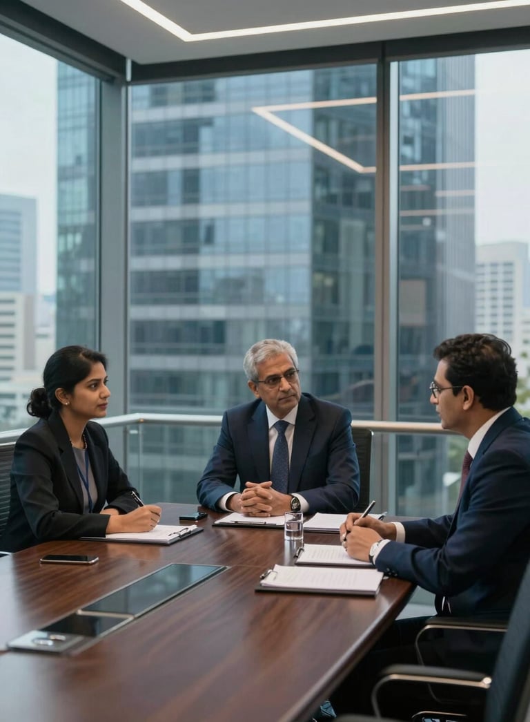 A sophisticated corporate boardroom in a Gurugram high-rise with glass walls and professional decor in dark navy and steel blue. A focused atmosphere representing expert guidance. South Asian / Indian setting.