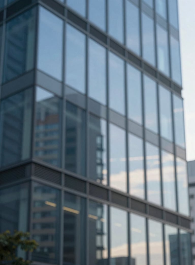 A modern office building with glass windows reflecting the sky, symbolizing corporate growth and transparency. The lighting is bright and professional, utilizing the brand's color palette for a strategic mood.