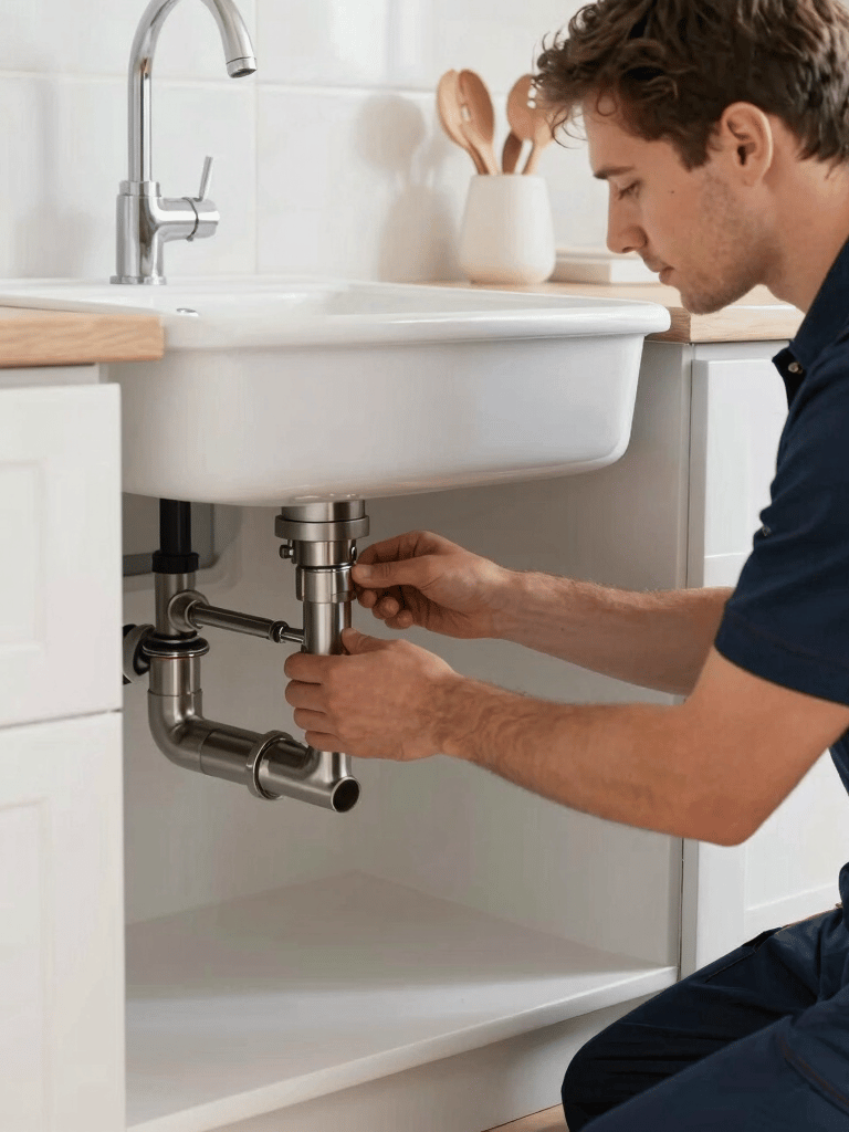 A professional plumbing service technician in Germany, wearing a dark blue work uniform, meticulously installing stainless steel pipes under a modern porcelain sink in a brightly lit residential kitchen. Central European interior styling, clean composition, natural and soft shadows, emphasizing precision, reliability, and modern craftsmanship.