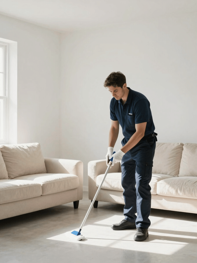 Photography of a pristine, modern North American living room with cream-colored sofas and white walls, filled with soft morning sunlight, showcasing a professional cleaning service result.