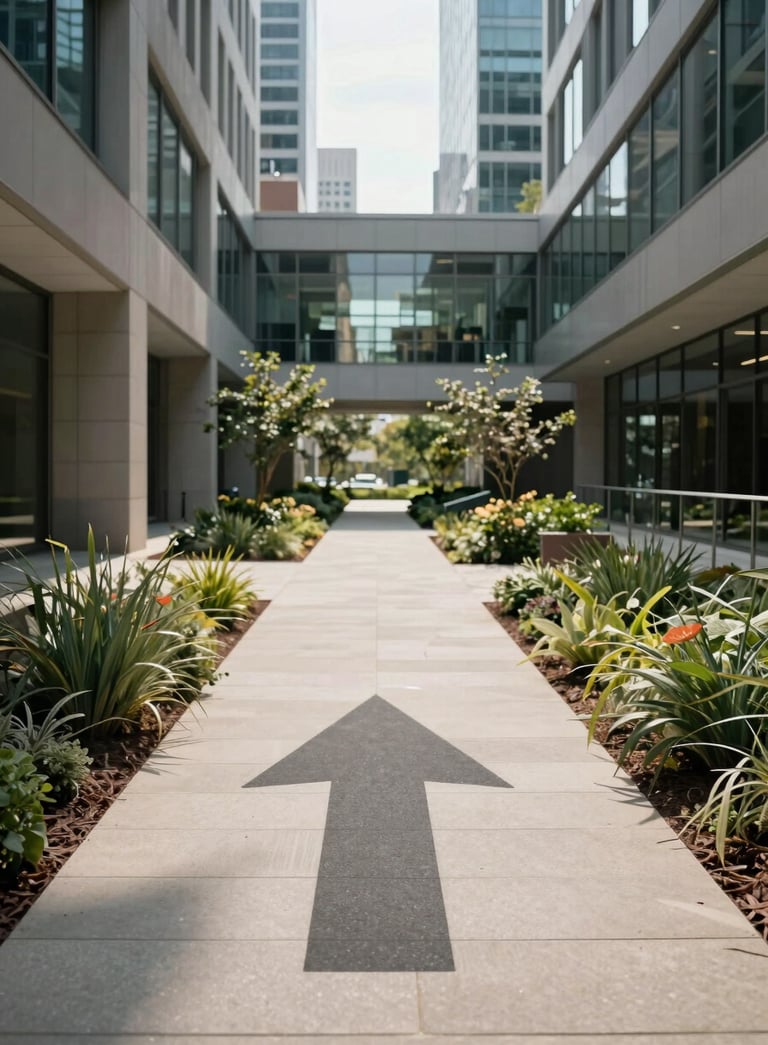 A conceptual, professional photograph of a sunlit pathway through a modern corporate courtyard in a North American city, symbolizing a clear and honest direction in business.