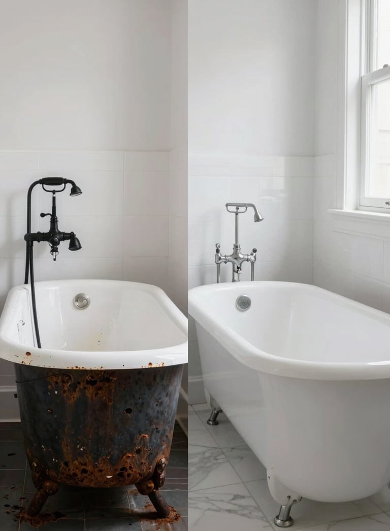 Side-by-side comparison of a rusted old bathtub and a gleaming white restored tub in a brightly lit New York City bathroom, professional architectural photography, minimalist style, white and black tones.